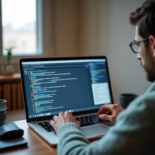 A person working intently on a laptop, programming an AI voice agent.