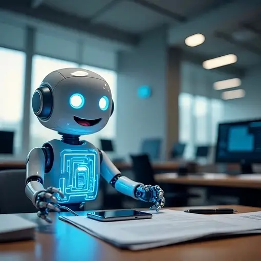 A robot seated at a desk, working on a laptop, symbolizing AI automation in a modern workspace.