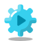 Blue gearwheel featuring a play button, symbolizing automation and streamlined processes in technology.