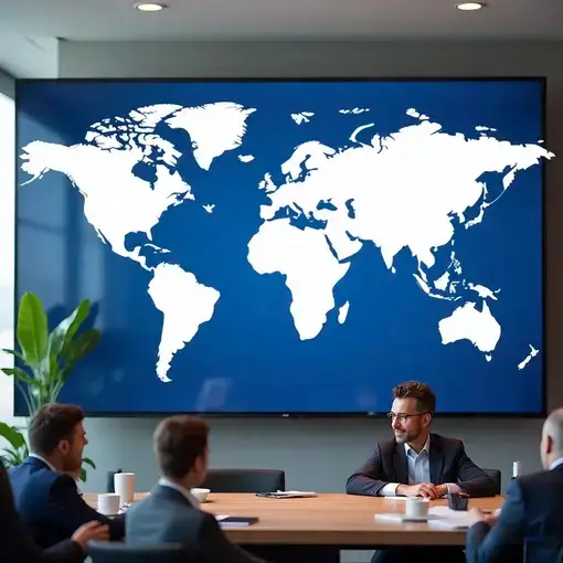 . Business professionals in a meeting room discussing scalability, with a world map displayed on a screen behind them.